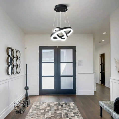 Two Ring Modern LED Chandelier In Black, Sleek Contemporary Ceiling Pendant Light For Staircase, Foyer, High Ceilings Or Living Room