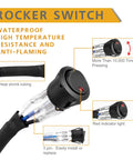 Heavy Duty 12V Wiring Harness Kit with Nylon Construction and Rocker Switch for LED Light Bar, showing heat shrink tubing and red indicator