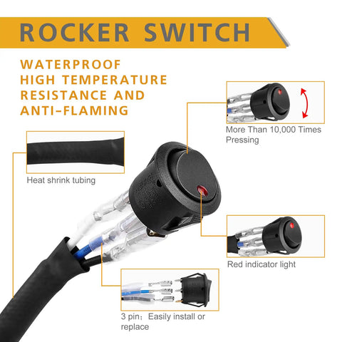 Heavy Duty 12V Wiring Harness Kit with Nylon Construction and Rocker Switch for LED Light Bar, showing heat shrink tubing and red indicator