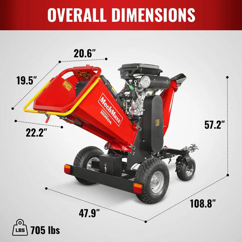 8 Inch Towable Wood Chipper Shredder Mulcher With Electric Start Honda 688cc 22HP Gasoline Engine dimensions and design display