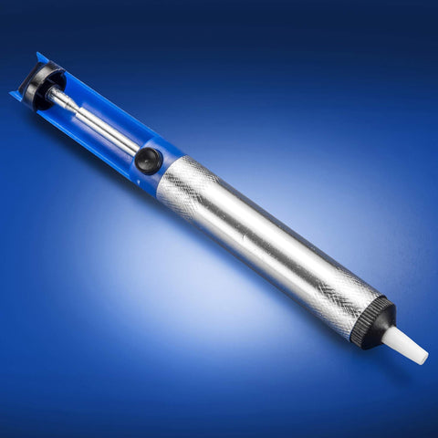 Close-up of a metal and blue soldering tool switch for 750 Watt Hot Air Rework Station With 3 Temp Presets, Temperature Calibration