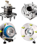 Four Wheel Bearing Hubs Front And Rear Replacement Set For 2000 To 2013 Chevrolet Impala 2003 To 2008 Pontiac Grand Prix And 2005 To 2009 Buick LaCrosse With ABS Ready To Roll, showcasing four hub assemblies with ABS sensor attachments