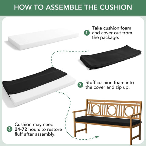 Assembly steps for Outdoor Bench Cushion For All Weather Use, Waterproof, Fade Resistant, Non Slip Pad With Removable Cover, Fits Garden Benches, Porch Swings, Patio Sets, 48 X 18 X 3 Inches, Black.