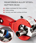 Side view of red ratcheting tubing cutter with knurled adjustment wheel and deburring tool for copper/metal pipes.