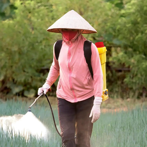 Person using agricultural knapsack sprayer in field