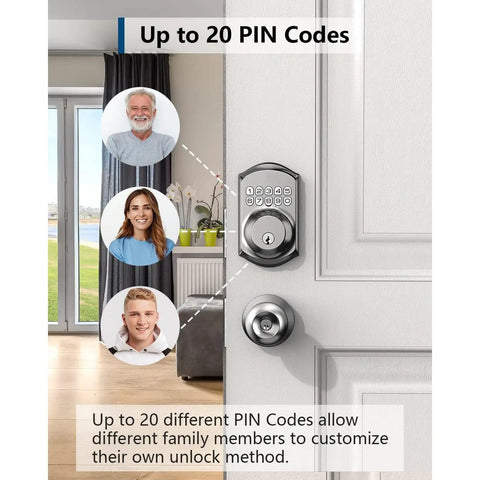 Heavy Duty Keyless Entry Deadbolt With Keypad For Front Door Lock Featuring Hidden Passcode And 20 User Pins In Sleek Satin Nickel Finish mounted on a door.