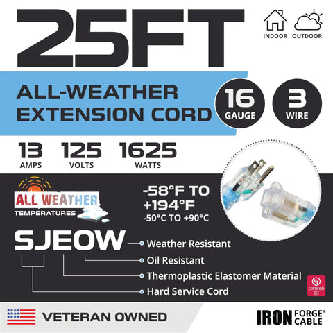 All Weather Outdoor Extension Cord 25 Ft Heavy Duty Lighted 3 Prong 16/3 SJEOW For Cold And Hot Temperatures Indoor And Outdoor Use
