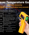 Infrared Temperature Gun Non Contact Laser Thermometer For Industrial And Kitchen Use With Adjustable Emissivity And Digital Readout