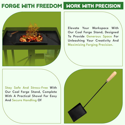 Beginner Friendly Coal Forge Stand With Fire Pot And Hand Blower Blacksmith Forge Starter Kit, visible fire pot on stand with tools