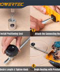 Top Shelf Adjustable Router Circle Cutting Jig And Template System steps showing installation, connecting rods, adjustment and routing.
