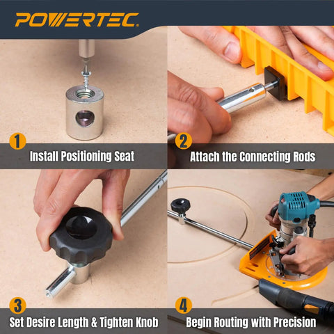 Top Shelf Adjustable Router Circle Cutting Jig And Template System steps showing installation, connecting rods, adjustment and routing.