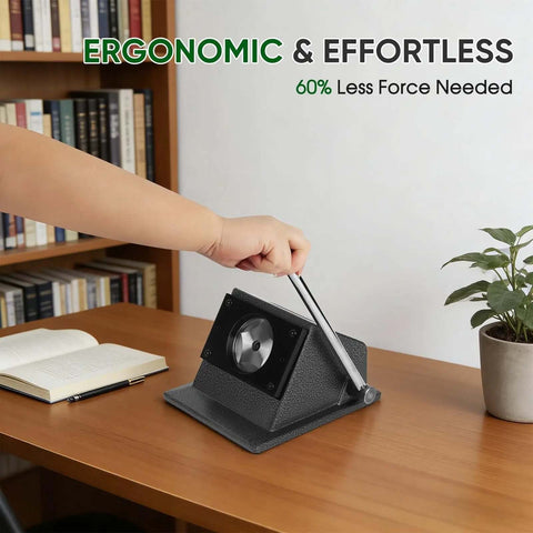 Heavy Duty Button Paper Cutter for 58mm Badges and 69.5mm Round Buttons in use on a desk, showing ergonomic design and effortless cutting.