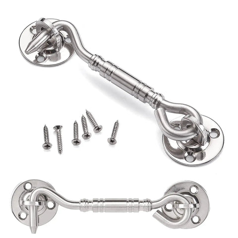 Two Pack Brushed Nickel Stainless Steel Hook And Eye Latch Four Inch Heavy Duty Barn Gate Door Lock with screws.