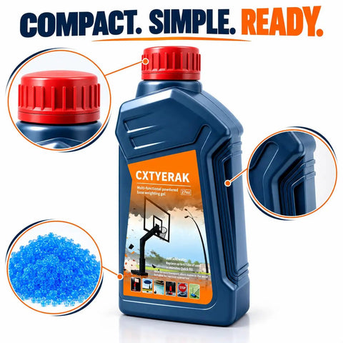 Heavy Duty Weighted Gel For Basketball Hoop Base, 27oz powder, compact bottle, quick water activation for easy yard setup.