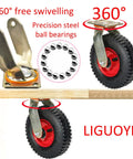 Heavy Duty 10 Inch Pneumatic Caster Wheels With Brakes Set Of Four showing 360° swivel design and precision steel ball bearings.