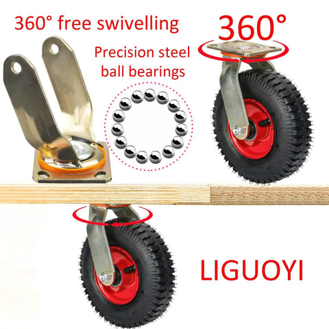 Heavy Duty 10 Inch Pneumatic Caster Wheels With Brakes Set Of Four showing 360° swivel design and precision steel ball bearings.