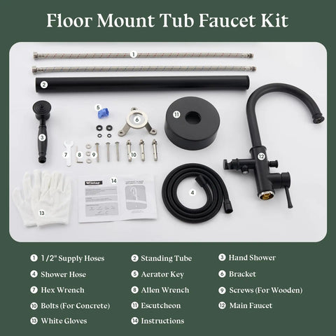 Premium Floor Mount Bathtub Faucet With Removable Sprayer, High Flow Roman Tub Filler Crafted From Solid Brass, Sleek Matte Black Finish That Hits Different To Level Up Your Bathroom Vibe Game