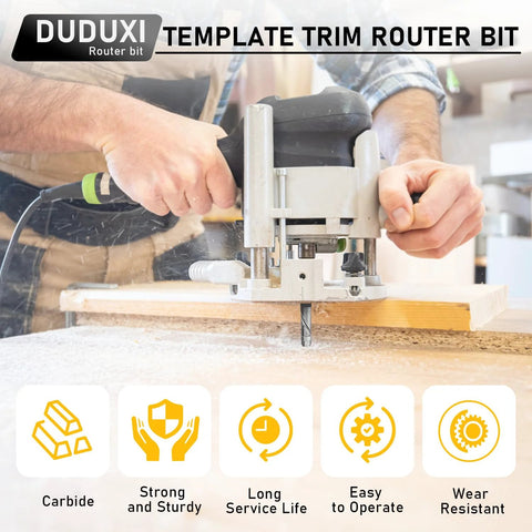 Side view of Duduxi carbide flush-trim router bit with top and bottom bearings, 1/2 in dia, 1 in length