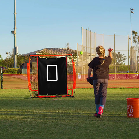 Child pitching towards Backstop 4Ft By 6Ft Batting Cage Target Backdrop With Strike Zone For Baseball Softball Pitching Target Net
