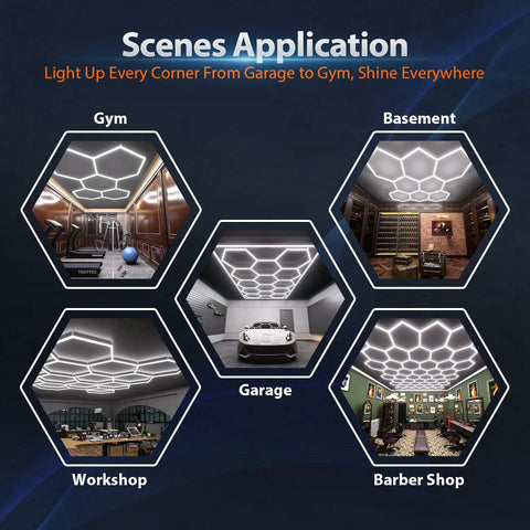 Hexagon 168W LED Garage Light With 5 Grid Panels installed in gym, basement, garage, workshop, and barber shop.