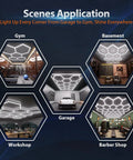 Hexagon Garage LED Lights 322W 11 Panel Grid Ceiling Mount Kit in gym, basement, garage, workshop, and barber shop settings