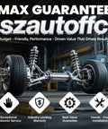 Car suspension system display in an industrial workshop with marketing text and guarantee badges, showing quality assurance.