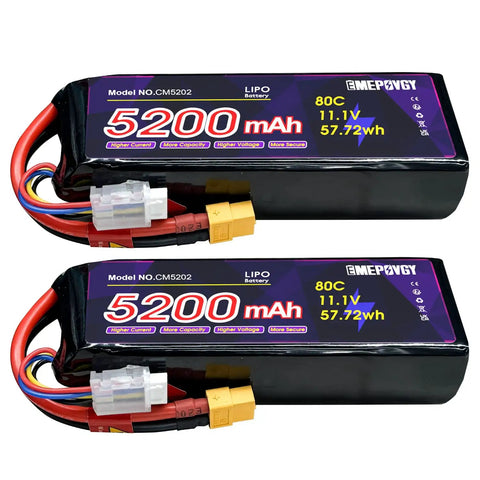11.1V 3S 5200mAh 80C RC LiPo Battery Pack With XT60 Connector Soft Case Two Pack for Cars Planes Helicopters Boats