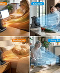 All In One Heater And Fan Combo Portable Space Heater Desk Fan Air Circulator With 45 Degree Tilt Dual Heat Settings 1500W and 750W Overheat Protection for Home Office Black in office, kitchen, bedroom, and living room settings.