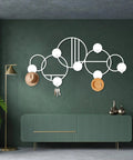 Abstract Metal Wall Hanger With Geometric Coat Hooks, Killer Wall Art For Entryway, Modern Silver Coat Rack Organizer, Smooth Operator Hat Stand Holder 53x26 Inches on dark wall with hats and keys.