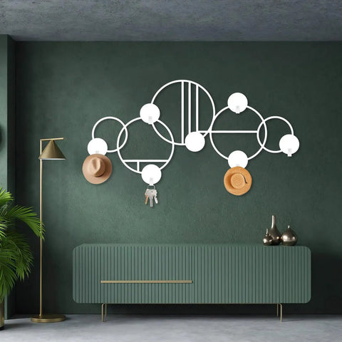 Abstract Metal Wall Hanger With Geometric Coat Hooks, Killer Wall Art For Entryway, Modern Silver Coat Rack Organizer, Smooth Operator Hat Stand Holder 53x26 Inches on dark wall with hats and keys.