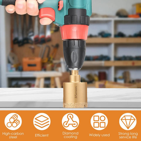 Hefty 12 Piece Diamond Hole Saw Kit With Full Drill Bit Set Designed For Smoothly Drilling Ceramic Tile Glass And Brick Tough Core Bits That Are Totally Legit And Deliver Serious Bang For Your Buck, showing a drill with a diamond hole saw bit.