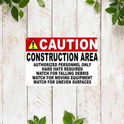 Aluminum Construction Area Sign 8x12in Authorized Personnel Only Hard Hats Required against wooden background with leaves