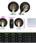 8 Inch Ball Bearing Pneumatic Wheels Swivel Castors With Rugged Rubber Tread, size chart and caster dimensions
