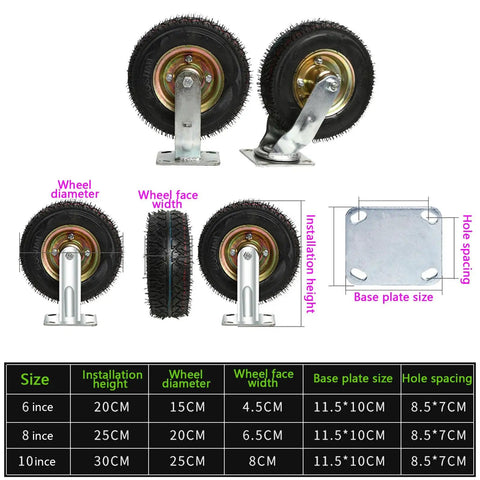 8 Inch Ball Bearing Pneumatic Wheels Swivel Castors With Rugged Rubber Tread, size chart and caster dimensions