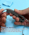 Close-up of glasses tightening kit tool adjusting temple arms, illustrating bending feature for secure fit.