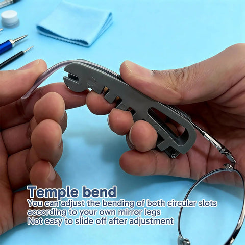 Close-up of glasses tightening kit tool adjusting temple arms, illustrating bending feature for secure fit.