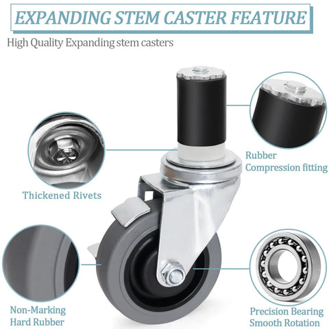 Four Inch Prep Table Casters Set Of Four Heavy Duty Expanding Stem Wheel Casters With Brakes showing thickened rivets and rubber fitting