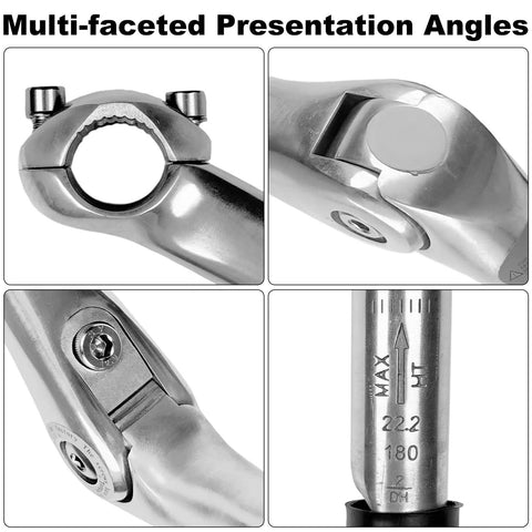 Silver Bike Quill Stem 22.2mm Clamp Adjustable With 180mm Reach And 110mm Extension, aluminum construction details