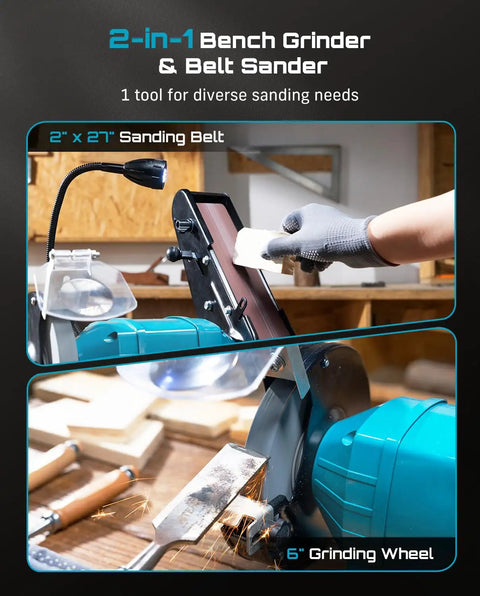 Beefed Up 2X27 Belt Sanding Station Combined With A 6 Inch Grinding Wheel making this 2.5 Amp Bench Combo Tool ideal for metal and wood projects.