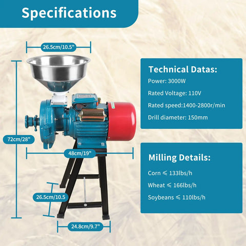 Specifications of Electric Grain Mill Grinder 3000W 110V Heavy Duty Beast Commercial Corn Grinder With Funnel Dry Use