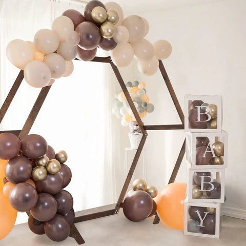 Wooden Wedding Arch 7Ft Heptagonal Garden Arbor For Ceremony And Photo Backdrop with balloons, indoor setting