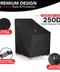 UV Proof Waterproof Outdoor Furniture Cover For 24L x 24W x 36H Black Breathable Dust Proof All Weather Protection For Sofa Table Chair Bar High Chair Coverage Keeps It Covered showing 250D Oxford polyester fabric with double stitching and adjustable drawstrings and buckle strap.