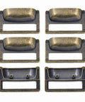 Six Pack Zinc Alloy Antique Bronze Label Frame Drawer Pulls for Drawers and Cabinets With Customizable Label Windows