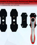 Front view of brake caliper compression tool set with four spreader plates and a red-handled ratchet tool