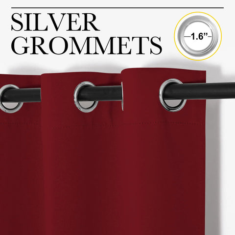Close-up of Burgundy Red Blackout Drapes Set Of 2 Ready Made Light Blocking Privacy Curtains 42 Inches By 95 Inches with silver grommets.