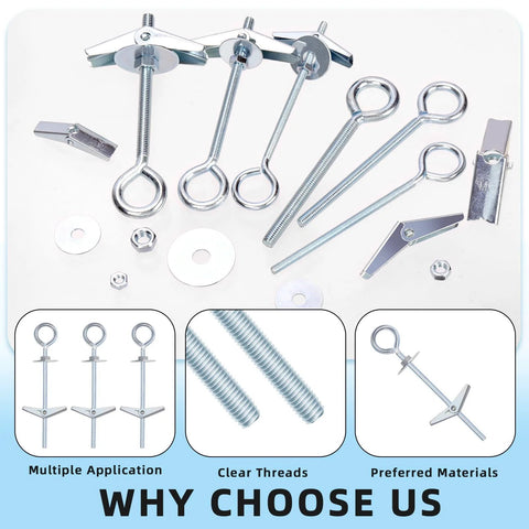 15 Piece M4 75mm O Shaped Eye Bolt Toggle Anchors Kit For Drywall Sheetrock Hollow Wall And Ceiling Installations Including Butterfly Anchors And Spring Toggle Wing Bolts Heavy Duty Zinc Coated Carbon Steel Construction For Long Lasting Support displayed with components on a white background.
