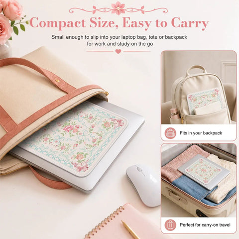 Coquette Floral Mouse Pad Blue Aesthetic Vibe Desk Mat Non Slip Small Mouse Pad shown fitting in a laptop bag and backpack