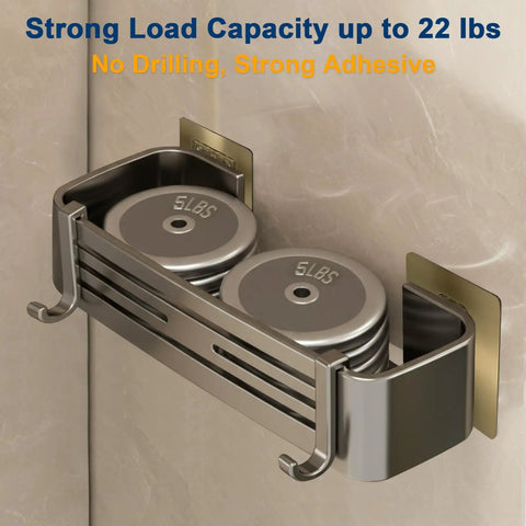 No Drill Shower Caddy With Shelves And Hooks installed with weights demonstrating its 22 lbs strong load capacity.