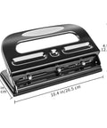 Semi Adjustable Three Hole Punch For Busy Desks 30 Sheet Capacity Black Heavy Duty Paper Punch with dimensions shown