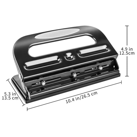 Semi Adjustable Three Hole Punch For Busy Desks 30 Sheet Capacity Black Heavy Duty Paper Punch with dimensions shown